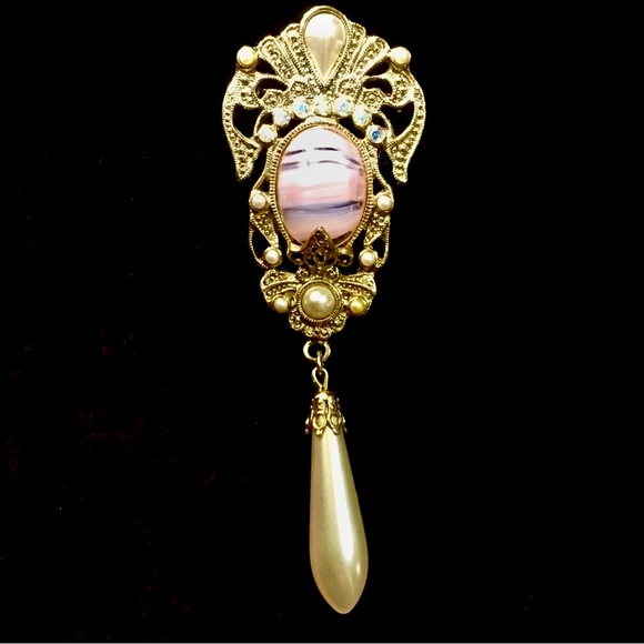 VINTAGE DROP PEARL & AGATE RHINESTONE GOLD-TONE CLIP EARRINGS & BROOCH GORGEOUS! - Picture 7 of 10